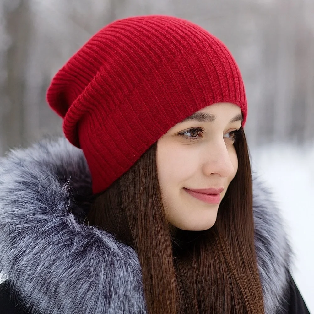 Nordstrom 100% Cashmere Ribbed Knit Beanie Hat Red Slouchy or Cuffed OS NWT